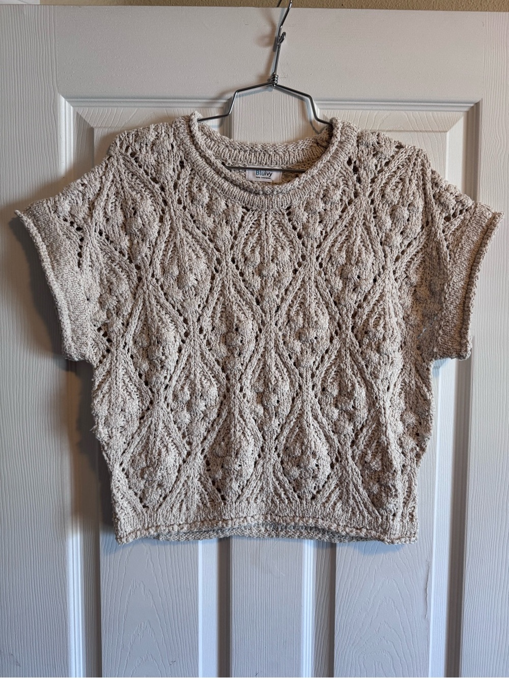 Bluivy Cream Openwork Textured Knit Short-Sleeve Sweater Size M